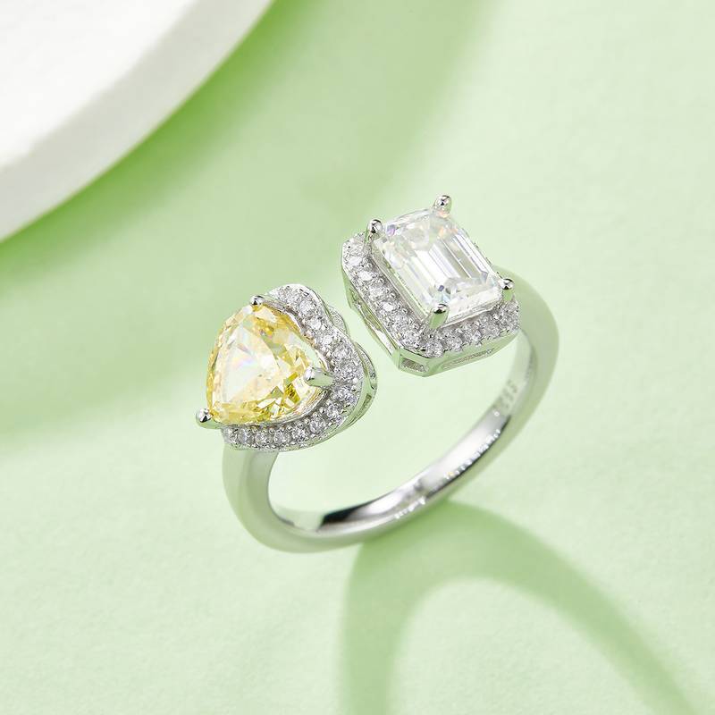 心形冰花切AND长方MoissaniteS925银镀白金Women's Ring1ctD级